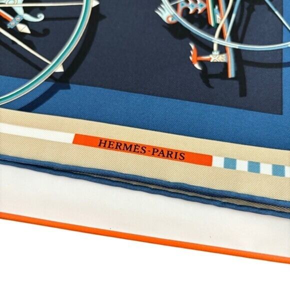 Hermes Gavroche Twill Voitures En Equilibre 45 Marine Square Scarf Handkerchief - Picture 3 of 8